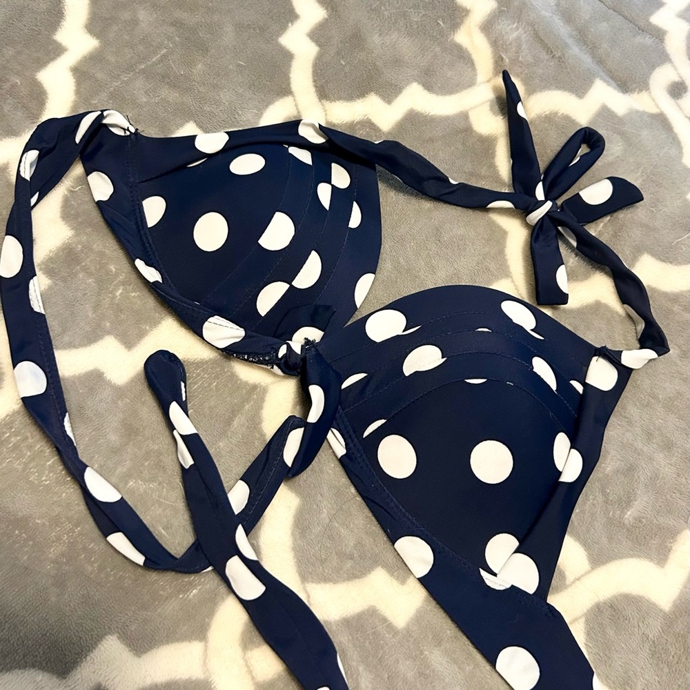 SHEIN Navy and White Polka Dot Bikini Top